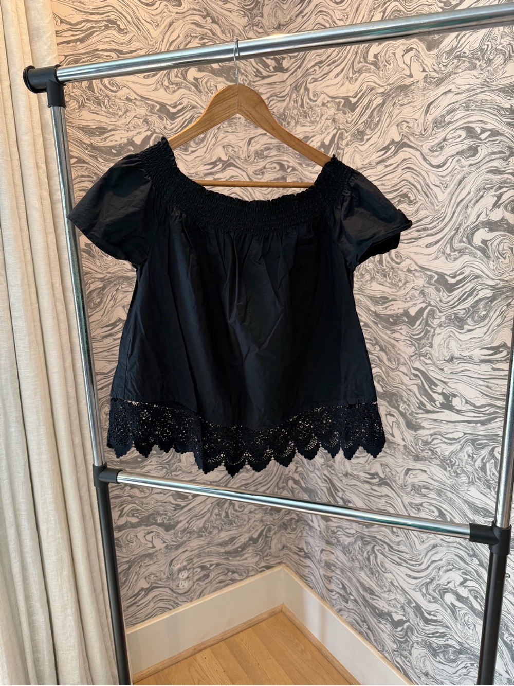 Who What Wear Black Off-the-Shoulder Crochet-Hem Top